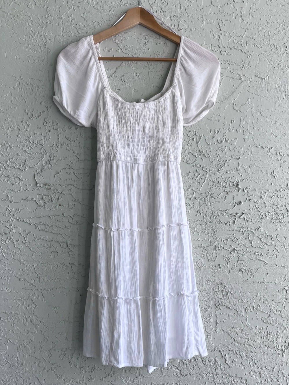 Hollister White Coastal Mini Dress with Open Tie Back and Puff Sleeves.